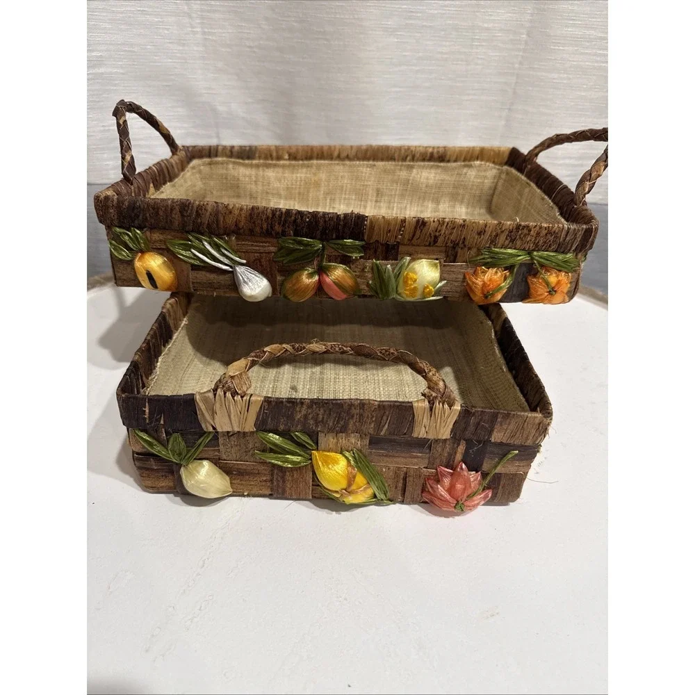 2 MCM Vintage Wicker Raffia Casserole Holders 13.5x8.5